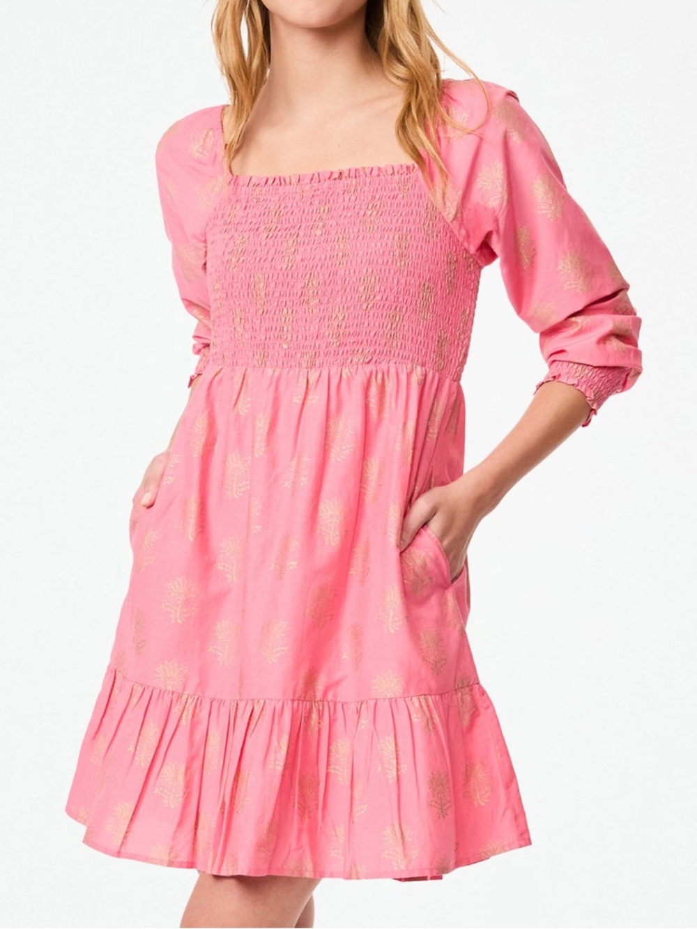 ROLLER RABBIT Avignon merli pink coral smocked mini dress size Small